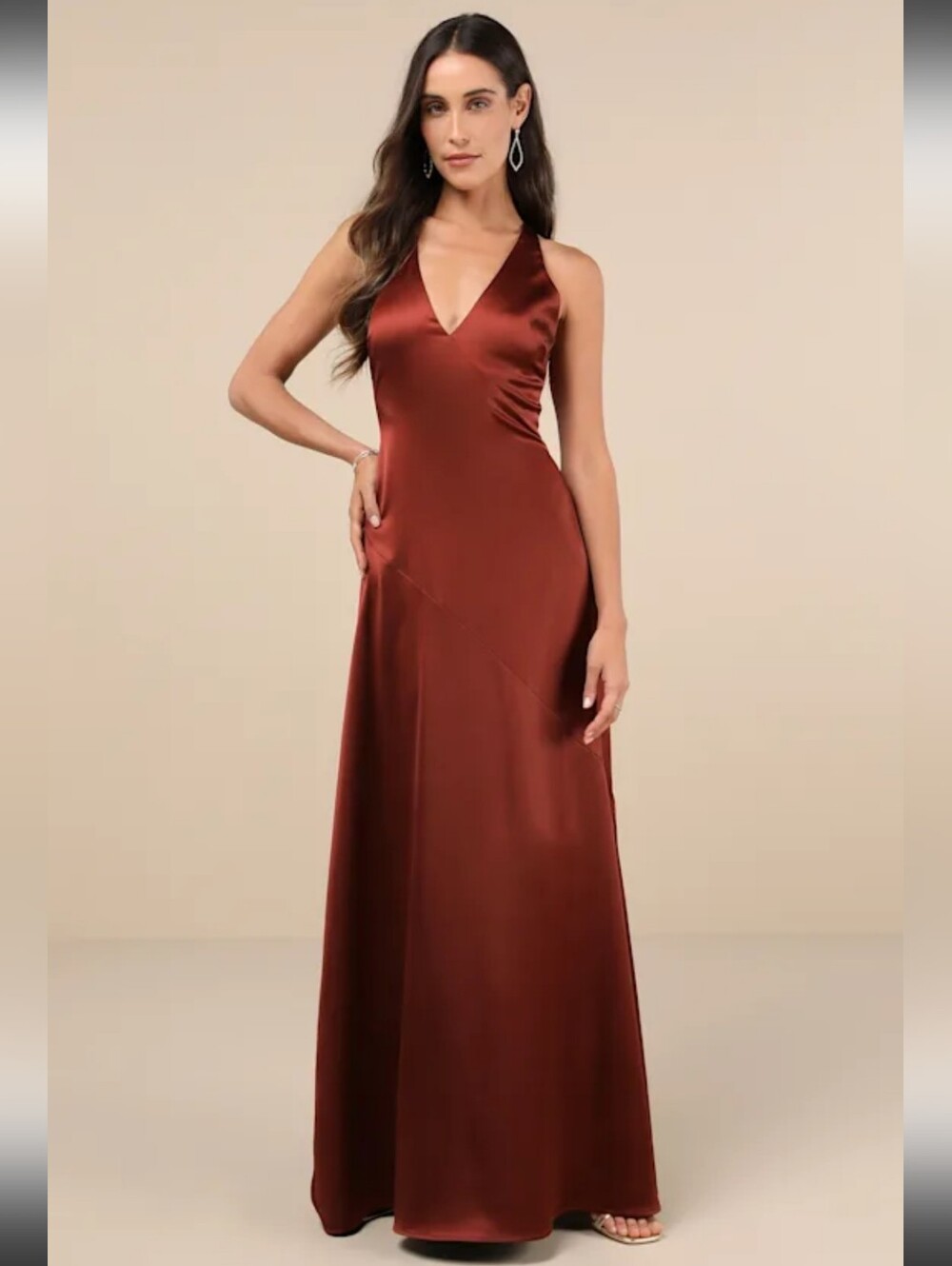 Lulus Purely Elegant Rust Brown Satin Twist-Back Maxi Dress